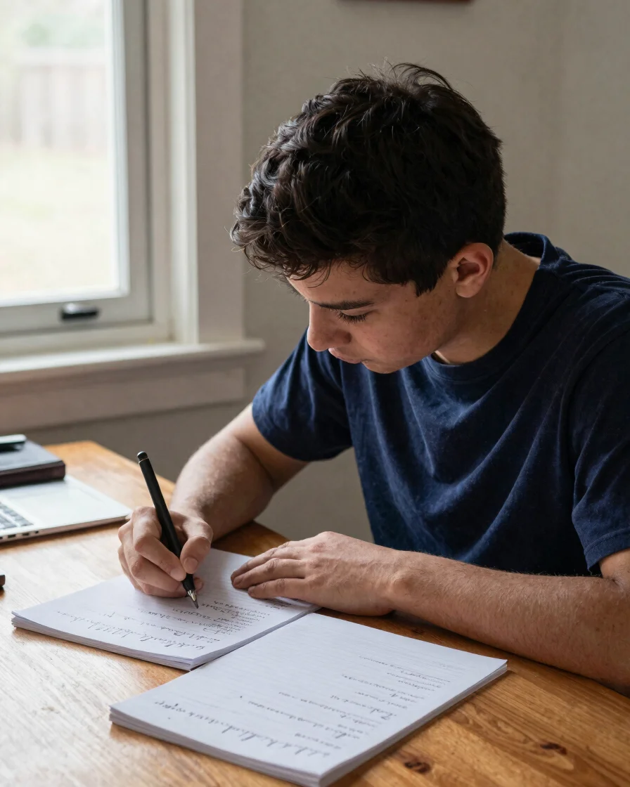 Editorial photograph of a student working through handwritten mat