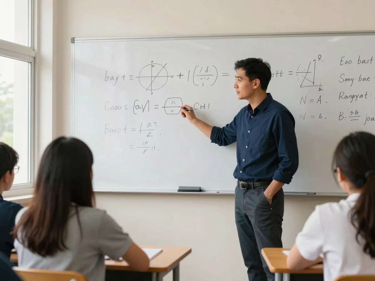 Editorial photograph of a tutor explaining a worked physics examp