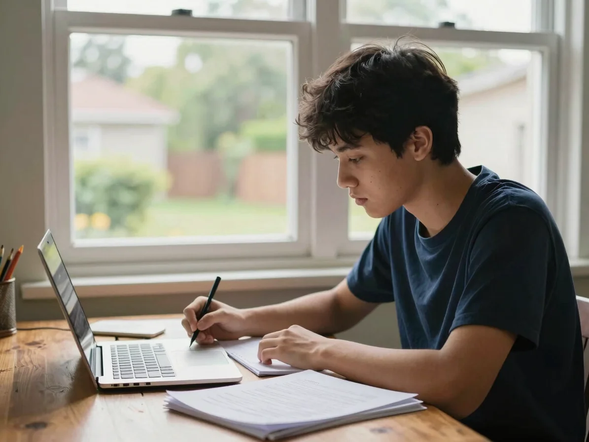Editorial photograph of a student studying with notes and a lapto