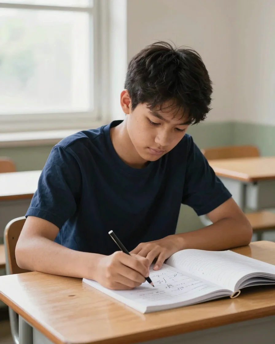 Editorial photograph of a high school student at a wooden desk in